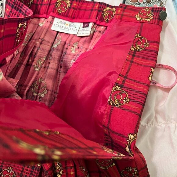 Vintage Susan Bristol Red Black & Gold Tartan Pleated Midi Skirt Fox Hunt Themed - Picture 9 of 9